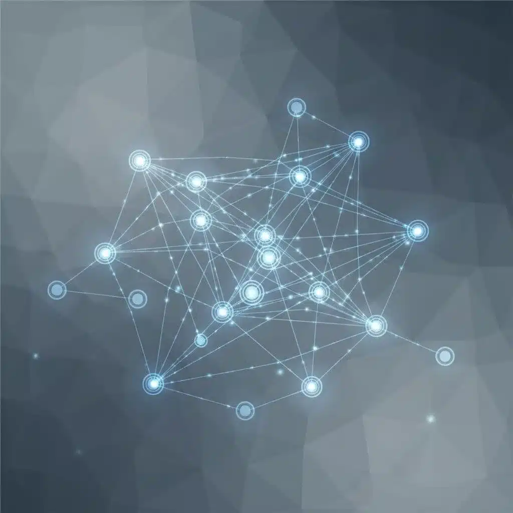 A top-down minimal map shows glowing nodes connected by lines representing a multi-site warehouse network.