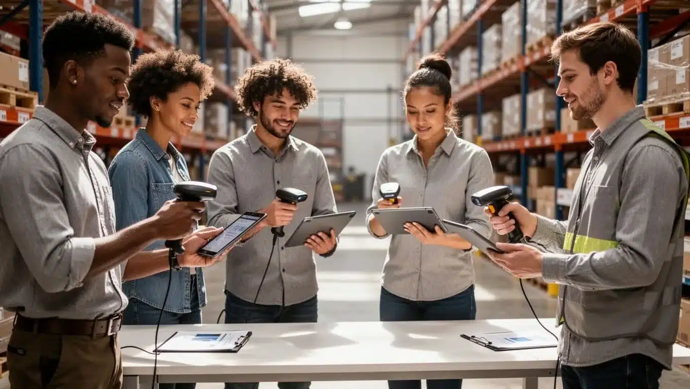 Four staff members collaborate around a desk while practicing with handheld scanners and tablets in a warehouse.