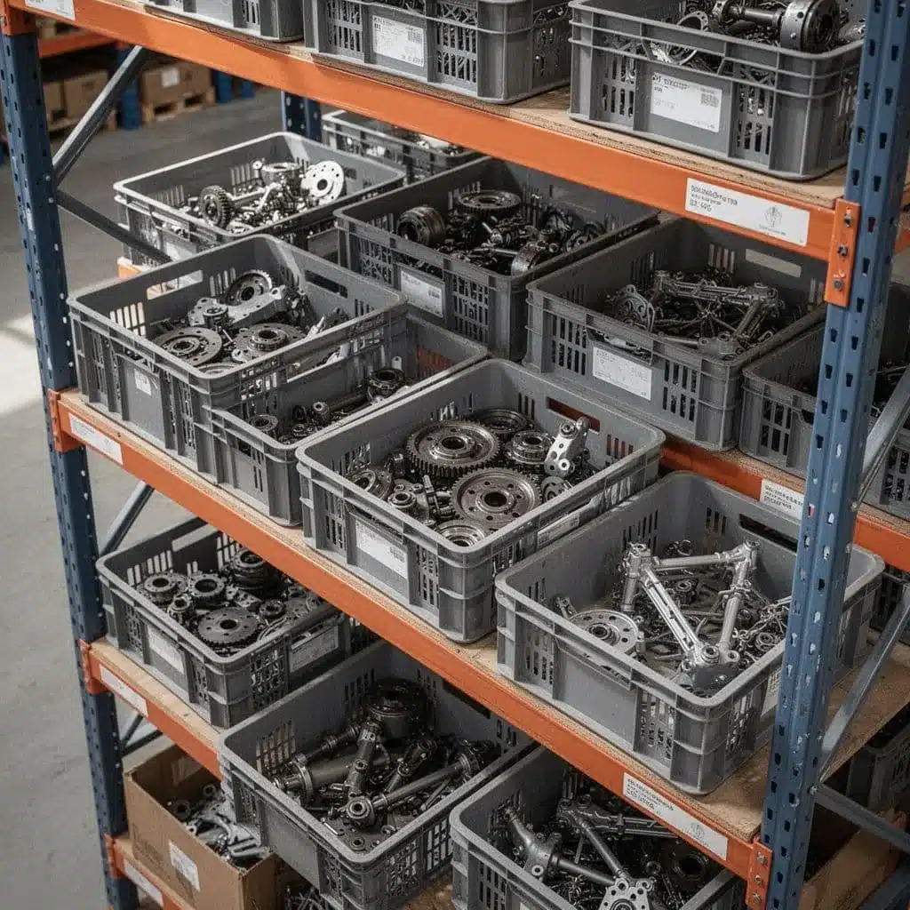 An organized industrial shelf displays various mechanical parts and assembled components waiting for production.