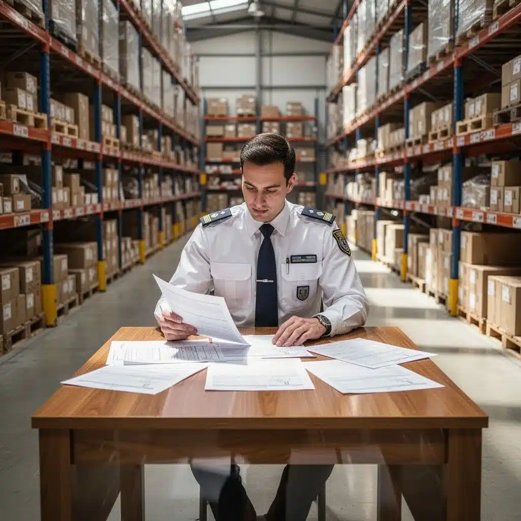 A warehouse supervisor reviews process flowcharts on a wooden table within a bright, organized warehouse aisle.