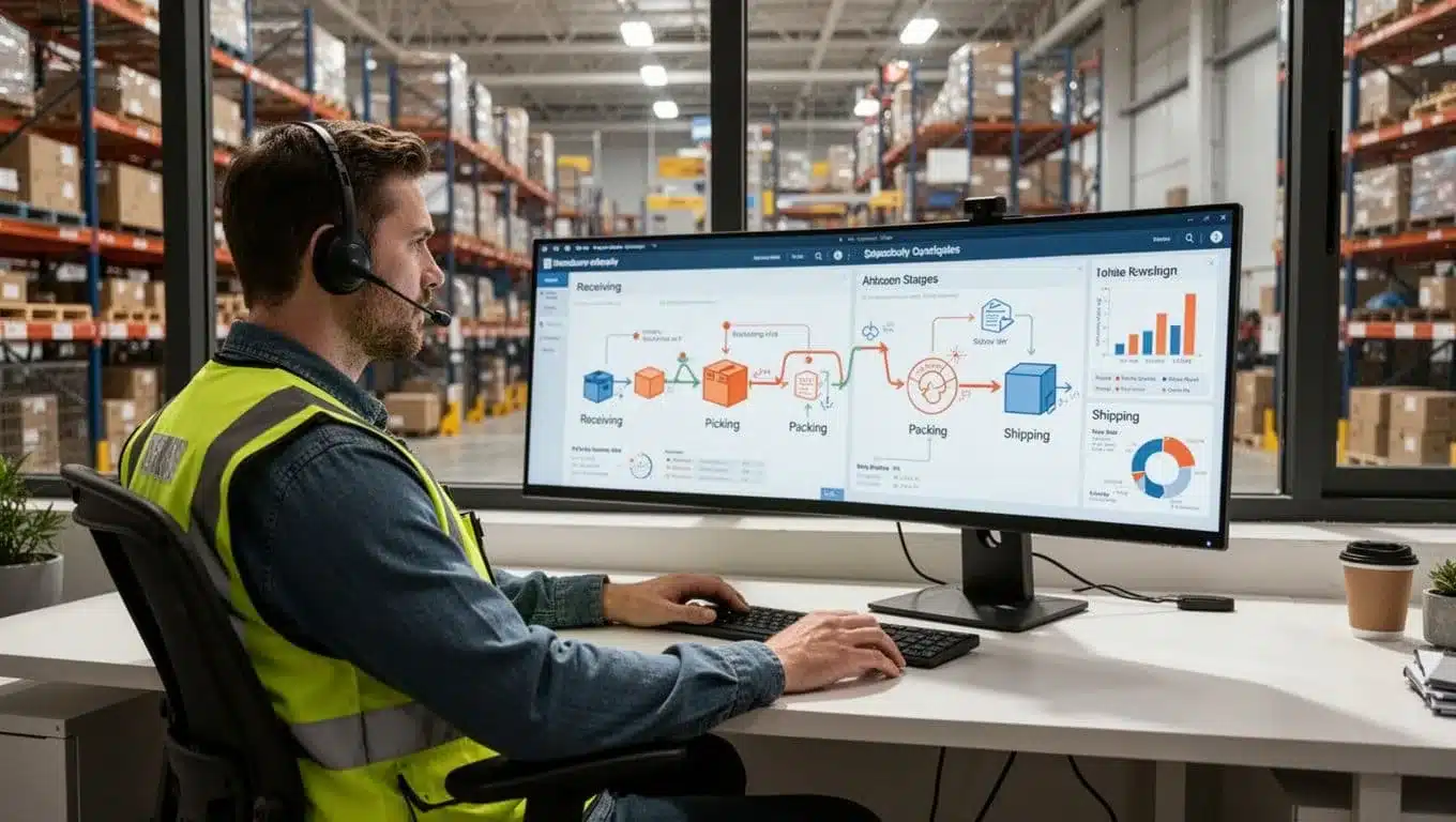 Warehouse supervisor in safety vest reviews computer charts highlighting bottlenecks in receiving, picking, packing, and shipping stages from office overlooking warehouse floor.