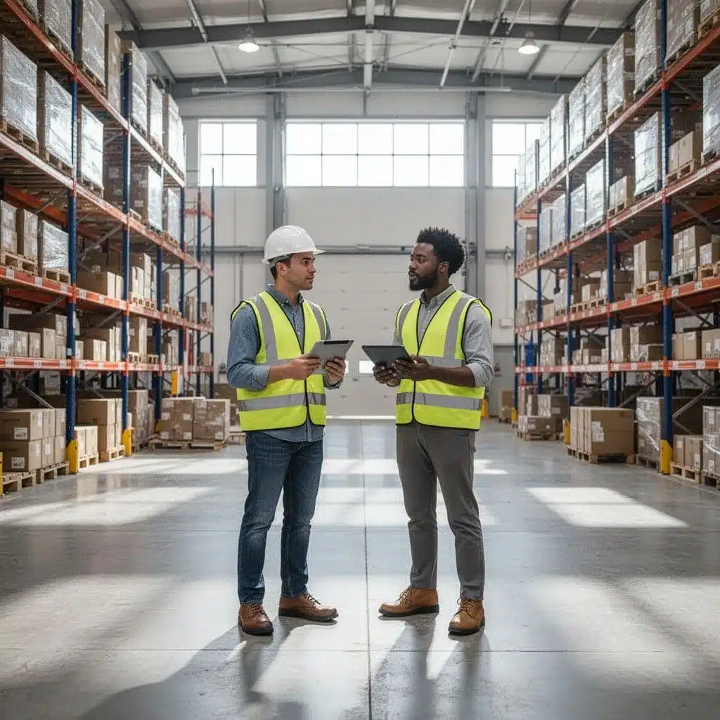 Three warehouse professionals stand in a modern distribution center while reviewing data on their tablet devices.