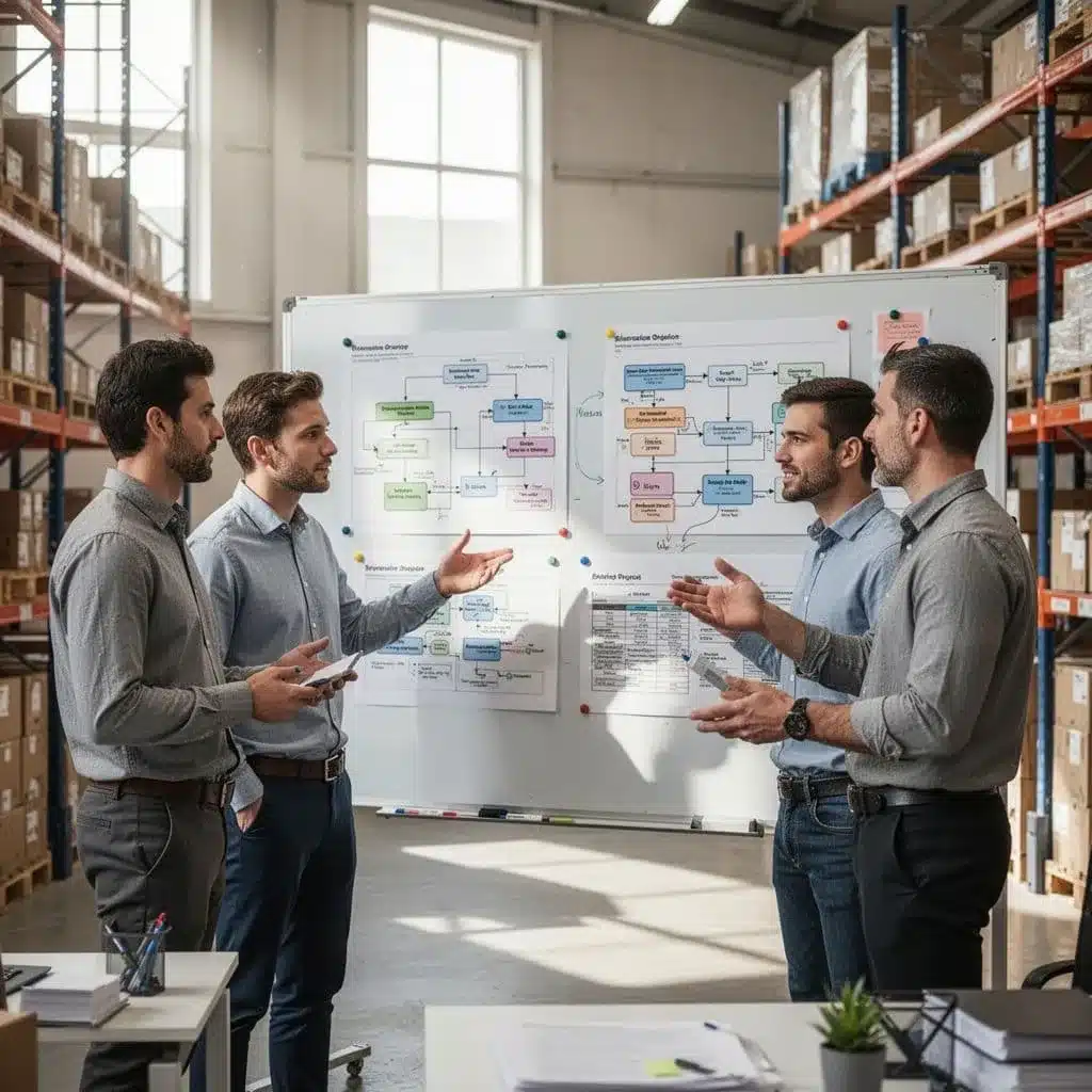 Three warehouse staff collaborate around a large whiteboard featuring project flowcharts and task lists.