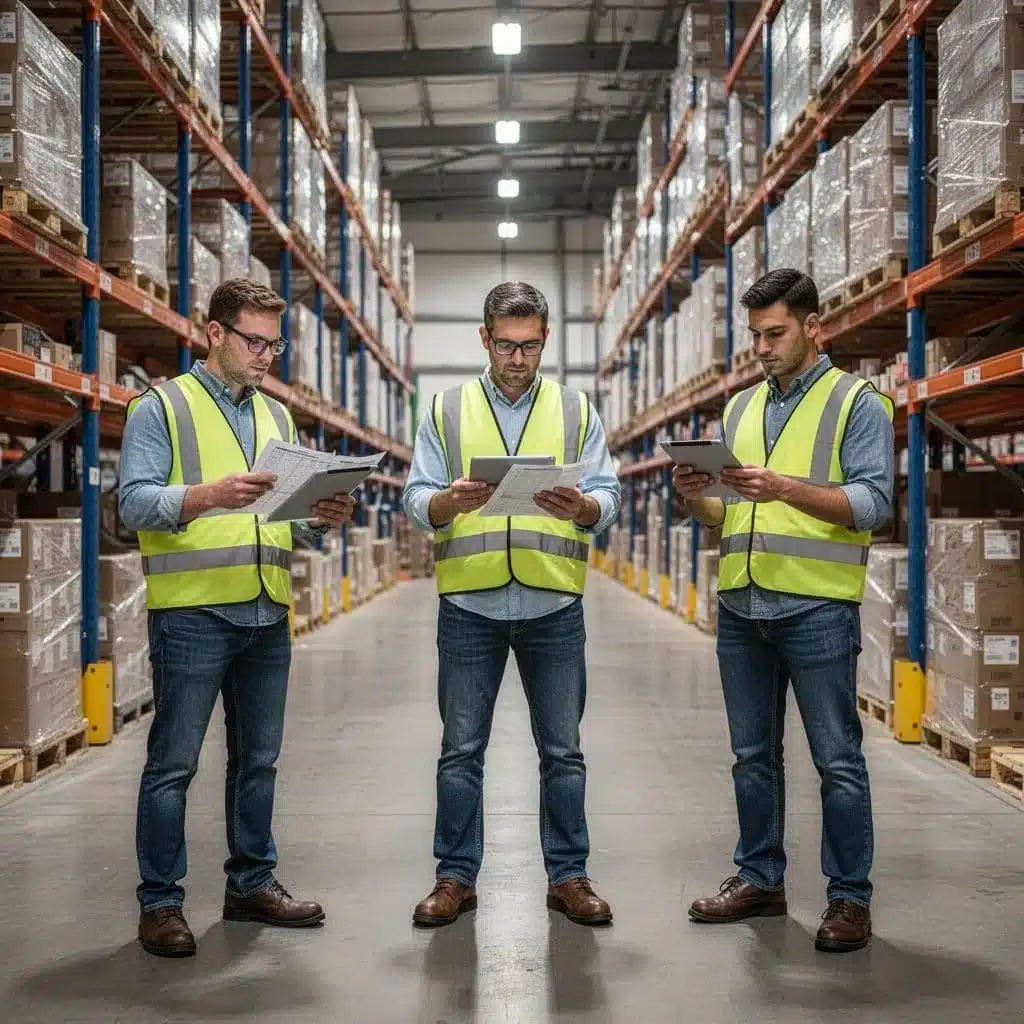 Three warehouse staff members review inventory lists and digital tablets while preparing for a new system implementation.