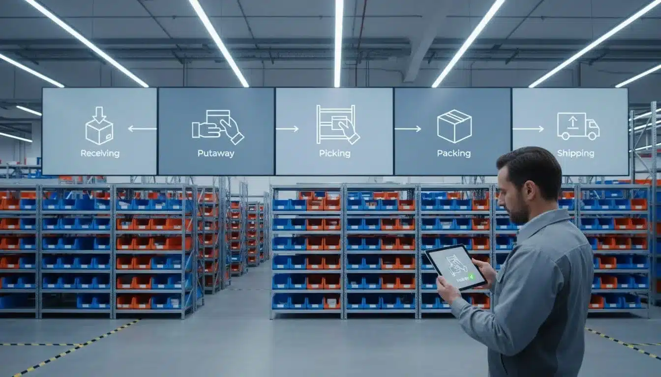 Large wall screens display WMS icons for receiving to shipping; one worker checks tablet amid organized shelves.