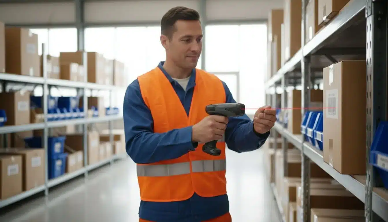 Warehouse worker in safety vest holds rugged mobile scanner pointed at barcode on cardboard box shelf in bright aisle.