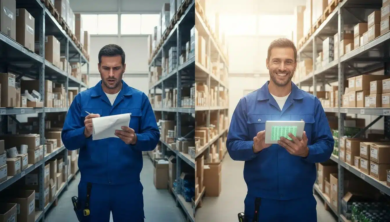Split warehouse aisle scene: left shows frustrated worker with clipboard amid clutter; right shows smiling worker using glowing tablet with organized shelves.