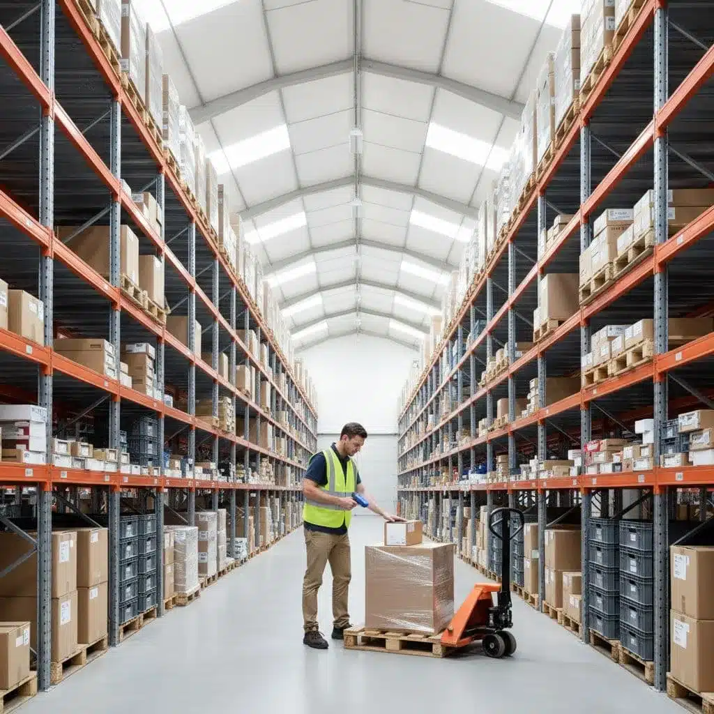 A worker in a safety vest uses a handheld scanner to process goods on a warehouse pallet.