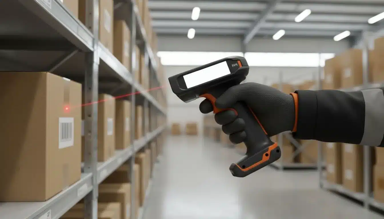 A close-up view of a warehouse worker using a handheld scanner on a shelf.