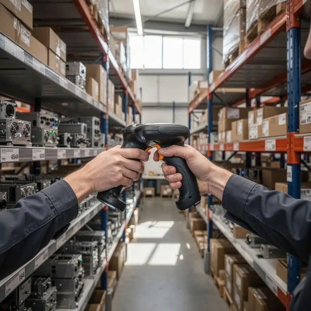 A warehouse worker uses a handheld scanner on organized inventory components in a modern facility.