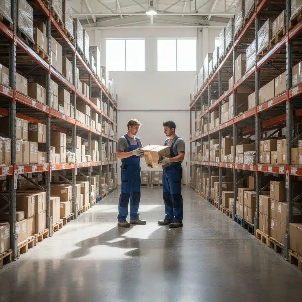 Two workers in a bright warehouse organize items on storage shelves together.