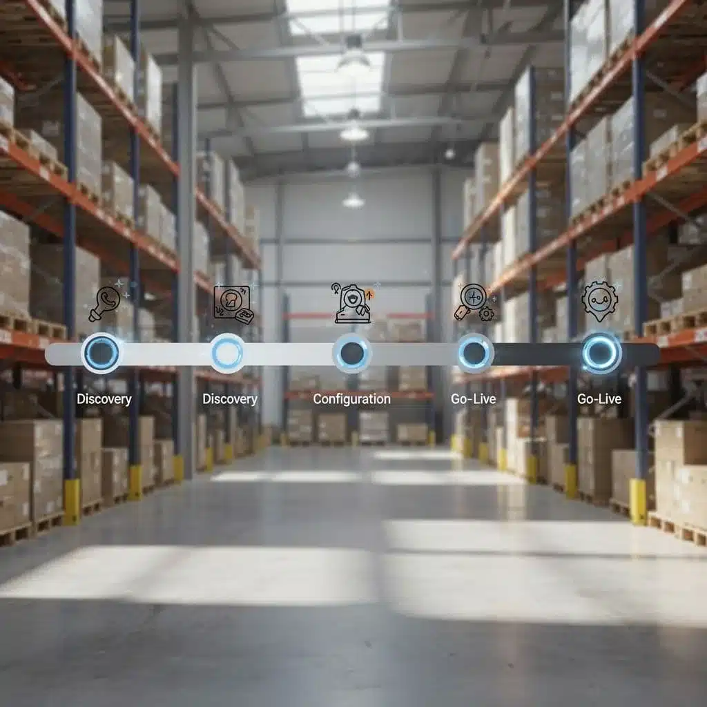 A linear project timeline infographic displays implementation stages with icons against a soft-focused warehouse backdrop.