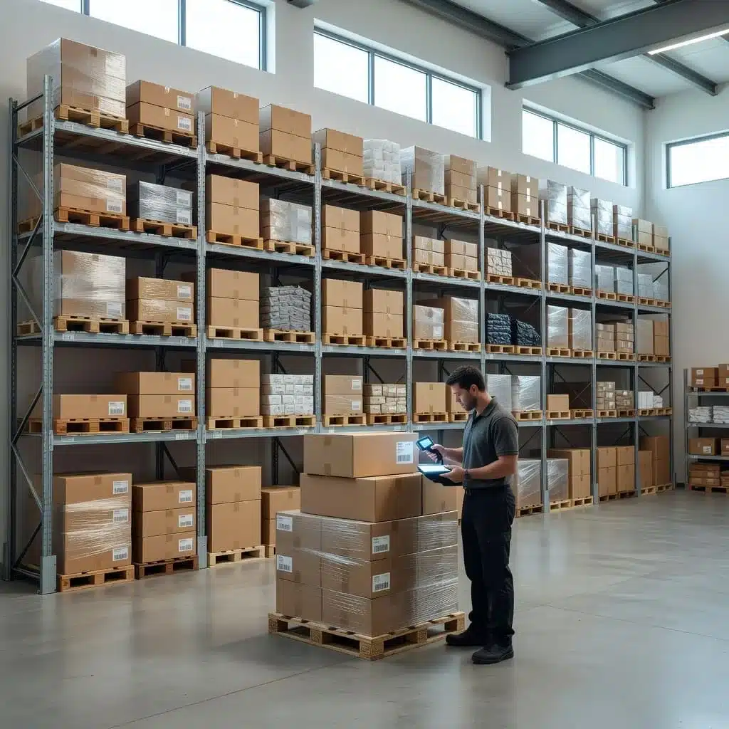 A warehouse employee scans items using a handheld device beside wooden pallets stacked with inventory. Organized industrial shelving units stretch into the distance under bright, natural overhead lighting conditions.