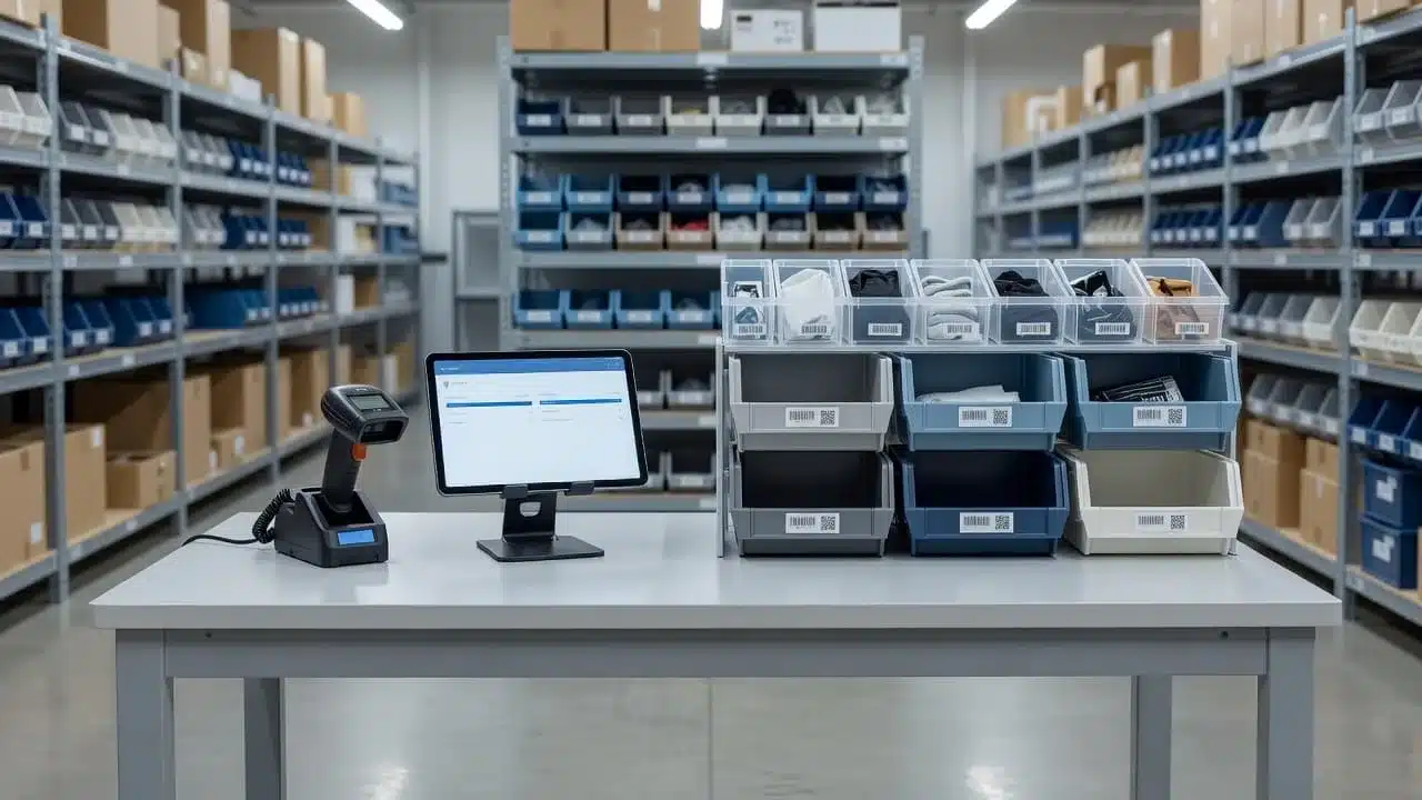 A clean workstation features a handheld scanner and tablet mounted atop a metal table. Organized plastic bins for sorting items sit nearby, highlighting an efficient and professional logistics environment for processing.