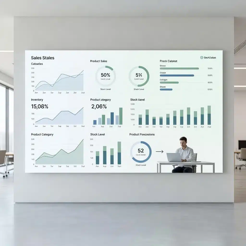 A digital interface displays colorful sales charts and inventory metrics on a sleek screen. In the background, a lone professional works on a laptop within a brightly lit corporate office space.