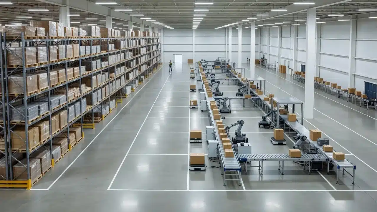 An organized warehouse interior features tall metal shelving units and efficient packing stations arranged along wide, clean aisles. Bright overhead lighting illuminates the functional space with one person visible for scale.