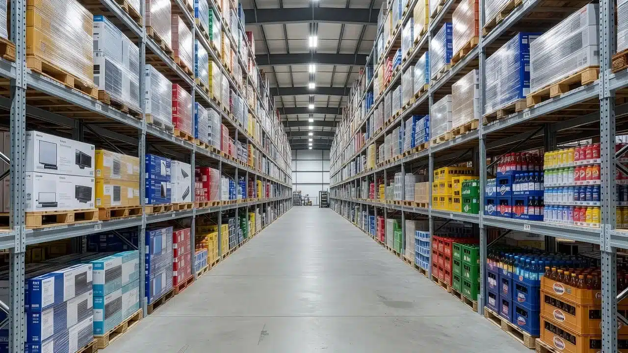Tall metal shelving units packed with inventory line a polished concrete floor in this wide warehouse view. Even overhead lighting illuminates the symmetrical aisles and organized stock within the facility.