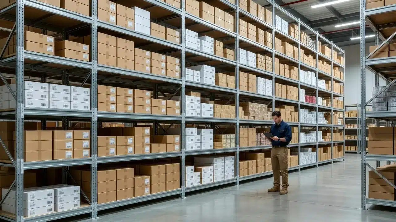 Rows of tall industrial metal shelves hold neatly stacked retail products in a brightly lit facility. An employee in the background utilizes a handheld tablet to monitor current stock levels.