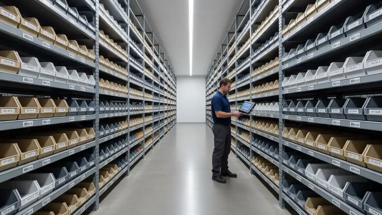 An employee uses a handheld scanning device while walking down a clean, brightly lit aisle. The tall industrial shelving units feature clearly labeled storage bins stacked in perfect, uniform rows throughout.