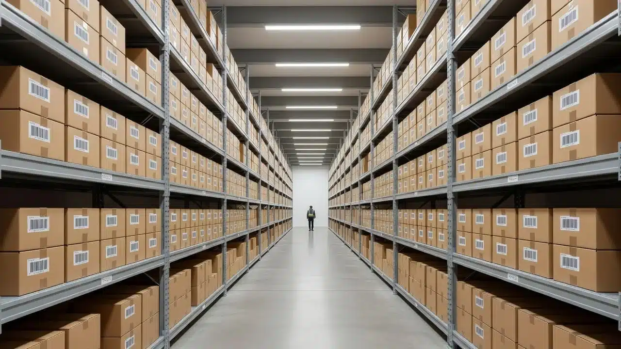 Neat rows of cardboard boxes with barcode labels sit on tall metal shelving. A lone worker walks down the spacious aisle, illustrating the scale of this efficient and systematic distribution center.