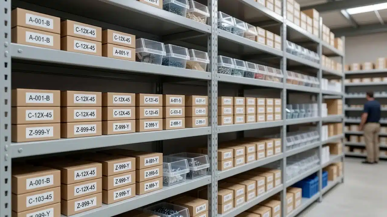 Clean metal shelves hold rows of identical containers with clear labels arranged in rows. In the soft-focus background, a single staff member walks through an aisle during a daily warehouse shift.