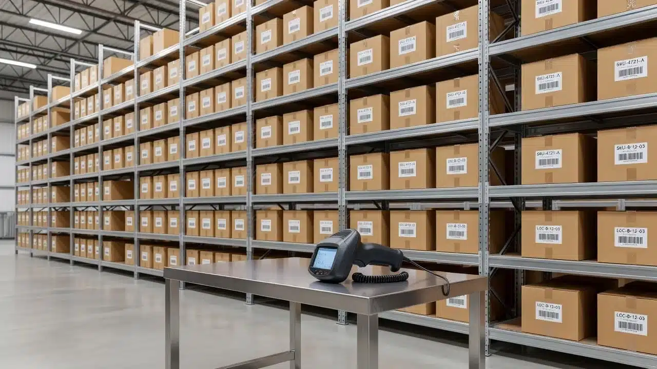 A handheld barcode scanner rests on a metal workstation table inside a clean facility. Tall shelves filled with labeled storage boxes stretch into the background under soft industrial overhead lighting.