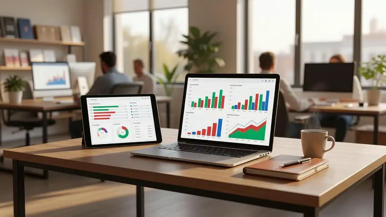 A clean office desk features a laptop displaying colorful inventory graphs and a tablet showing a data dashboard. The warm professional environment encourages focused analysis of stock levels and sales performance.