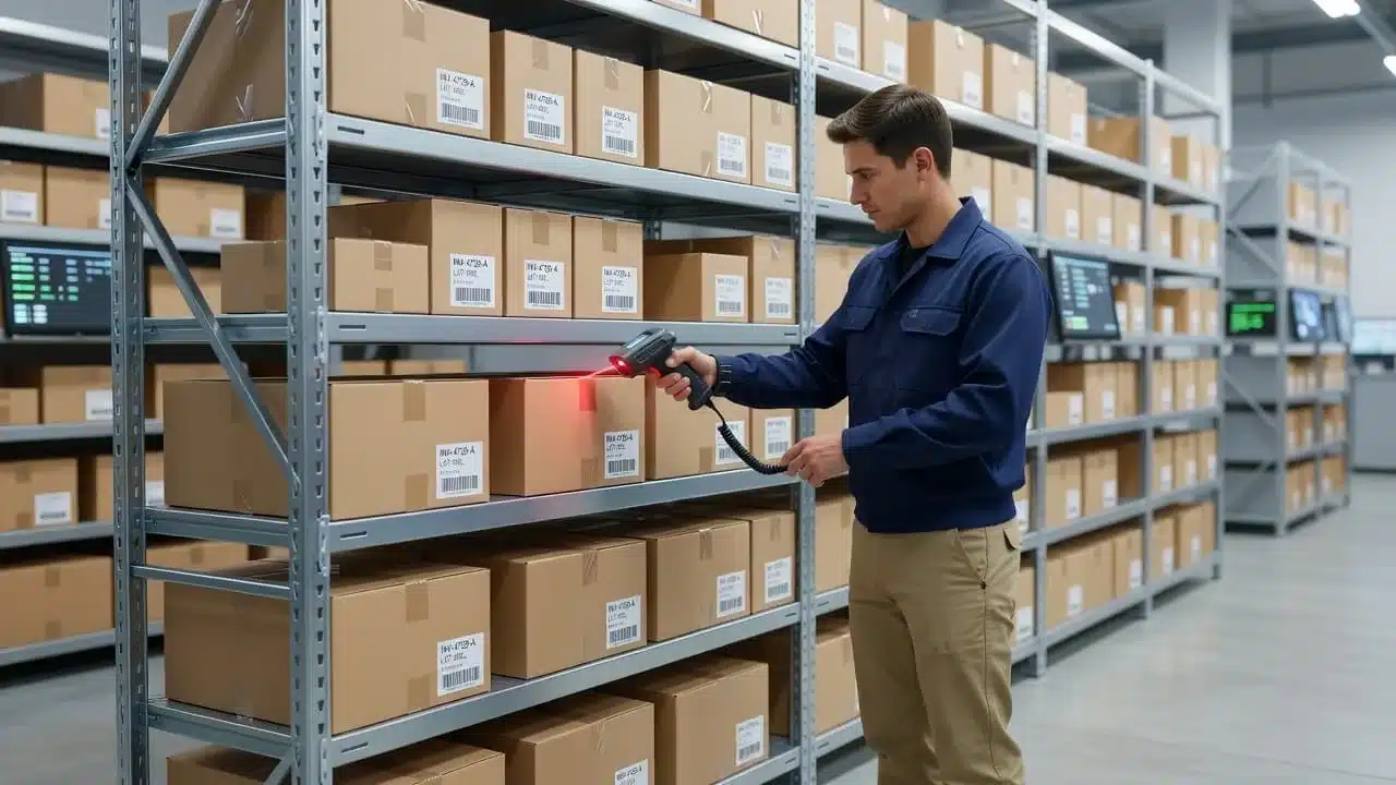 A warehouse employee uses a handheld device to scan products on a metal shelving unit within a bright, organized storage facility. Soft natural light illuminates the neatly stacked inventory items.