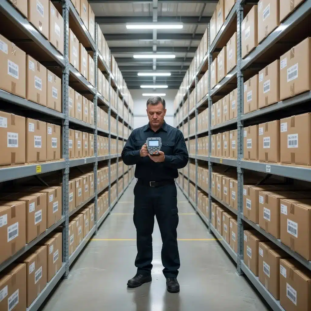 A focused worker in a tidy distribution aisle inspects a handheld device while surrounded by orderly shelves of neatly stacked, labeled shipping boxes under soft, professional overhead industrial lighting fixtures.