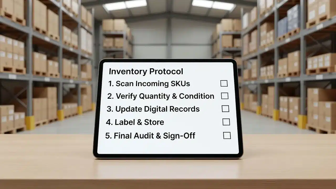 A sleek digital tablet sits centered on a light-colored wooden table. The high-resolution screen clearly displays a digital inventory protocol checklist amidst the bright and airy atmosphere of a warehouse.