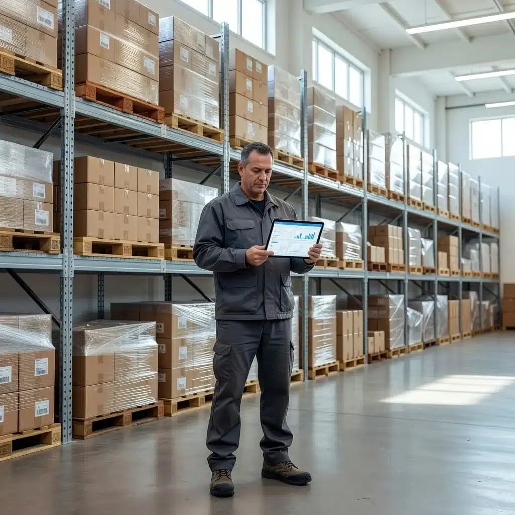 A focused warehouse manager stands between clean industrial aisles, holding a tablet to inspect logistics data. Palletized goods are neatly stacked on steel shelving under bright overhead lights in the background.