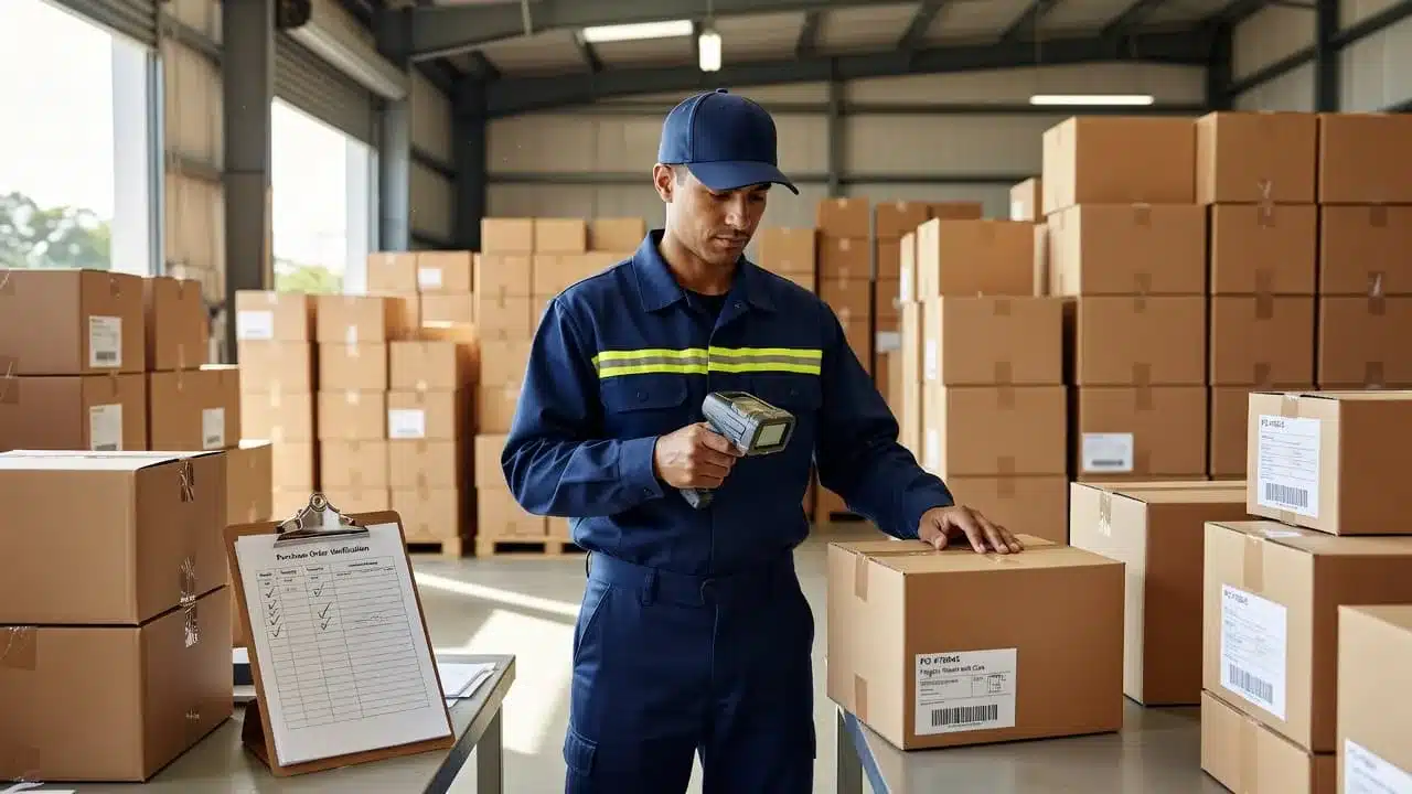 A focused warehouse worker in a clean uniform uses a handheld scanner to inspect inventory at a loading dock. Stacked cardboard boxes and a clipboard rest on a nearby metal table.
