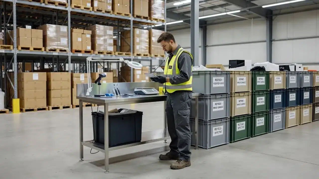 A worker in a warehouse inspects a returned product at a dedicated station with organized bins behind them. Soft neutral light illuminates the professional workspace while ensuring accurate quality control checks.