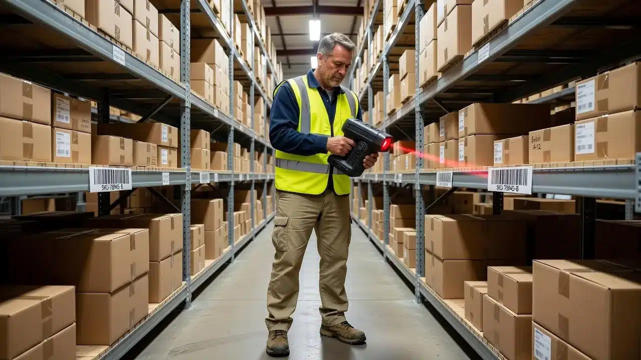 A warehouse employee holds a mobile device to scan a product barcode on an industrial metal shelf. Stacks of cardboard boxes line the aisles in a clean, brightly lit storage facility.