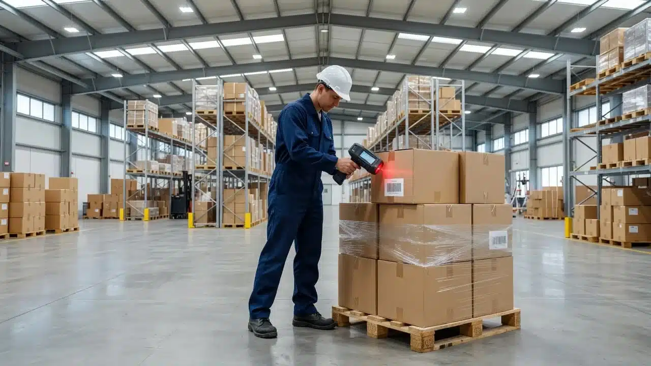 A warehouse worker scans a barcode on a pallet with a handheld device.