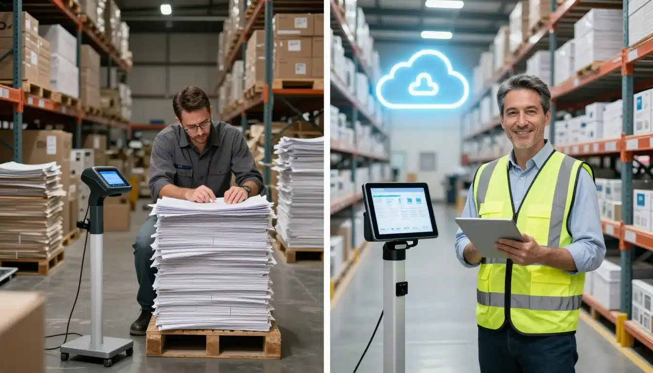 Split screen comparing a messy traditional warehouse and a clean modern digital warehouse.
