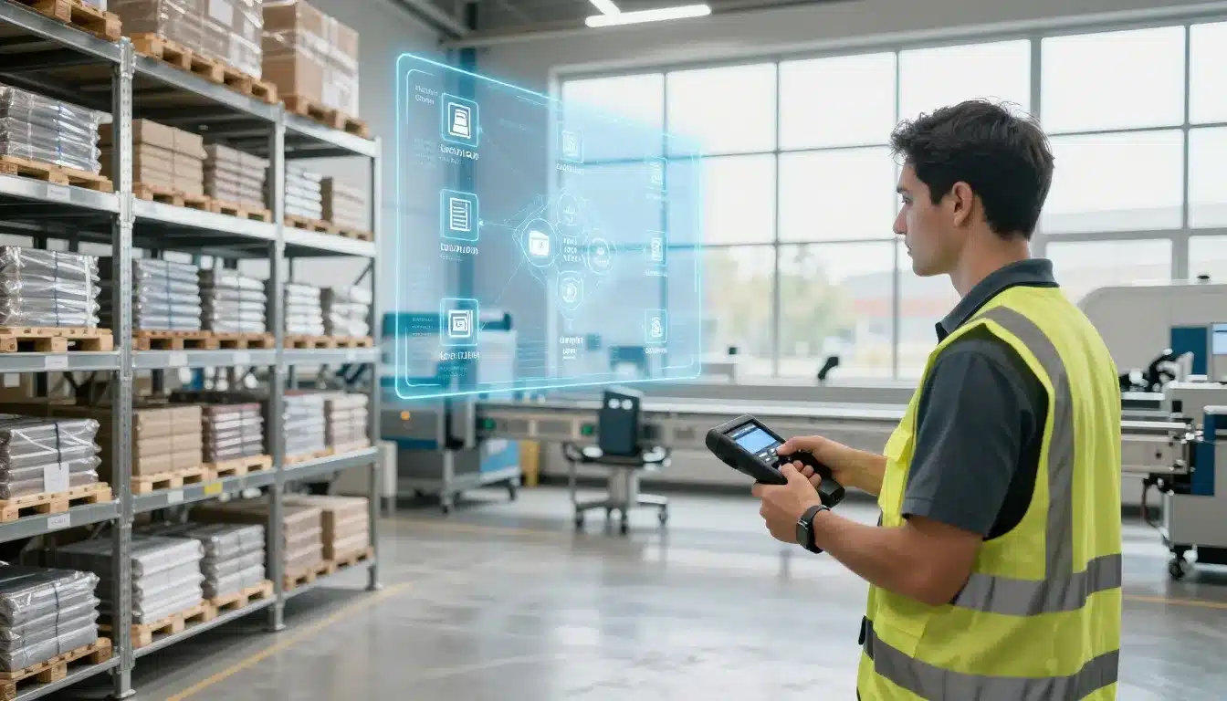 A worker scans a pallet tag with a holographic traceability display floating above.