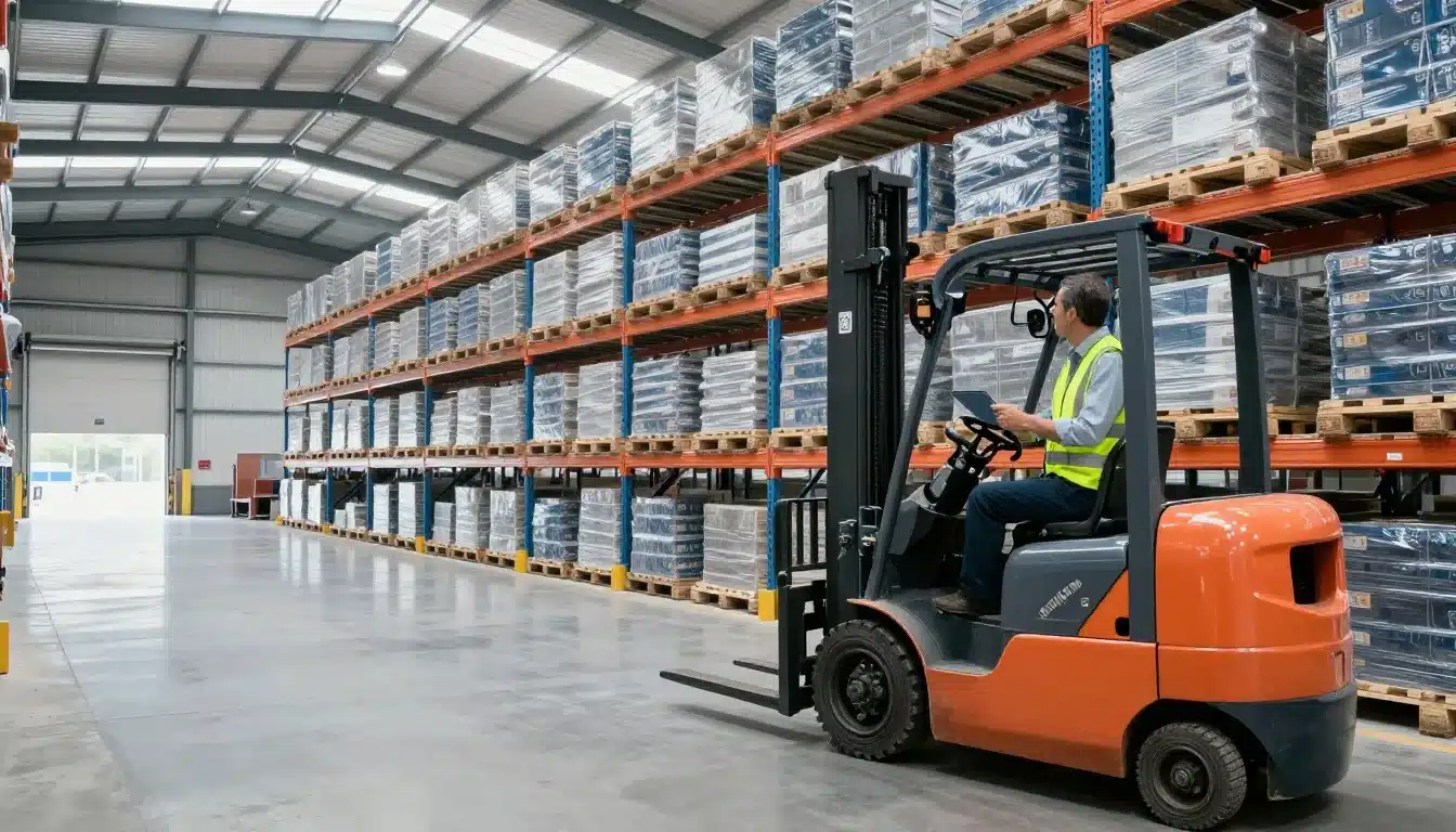 A warehouse manager holding a tablet inspects aisles near a forklift.