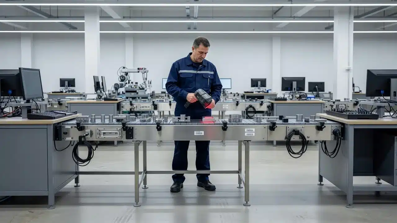 A worker scans barcodes on an industrial assembly line.
