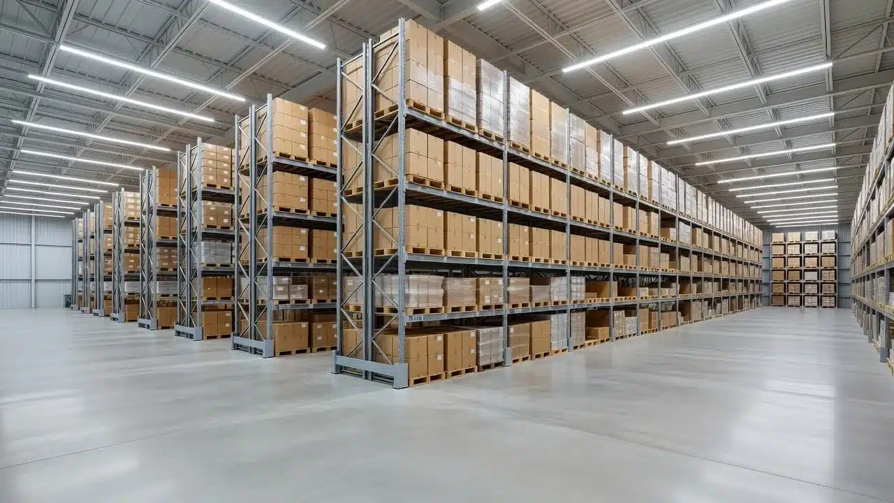 An empty warehouse interior with tall metal shelving racks and wide clean aisles.