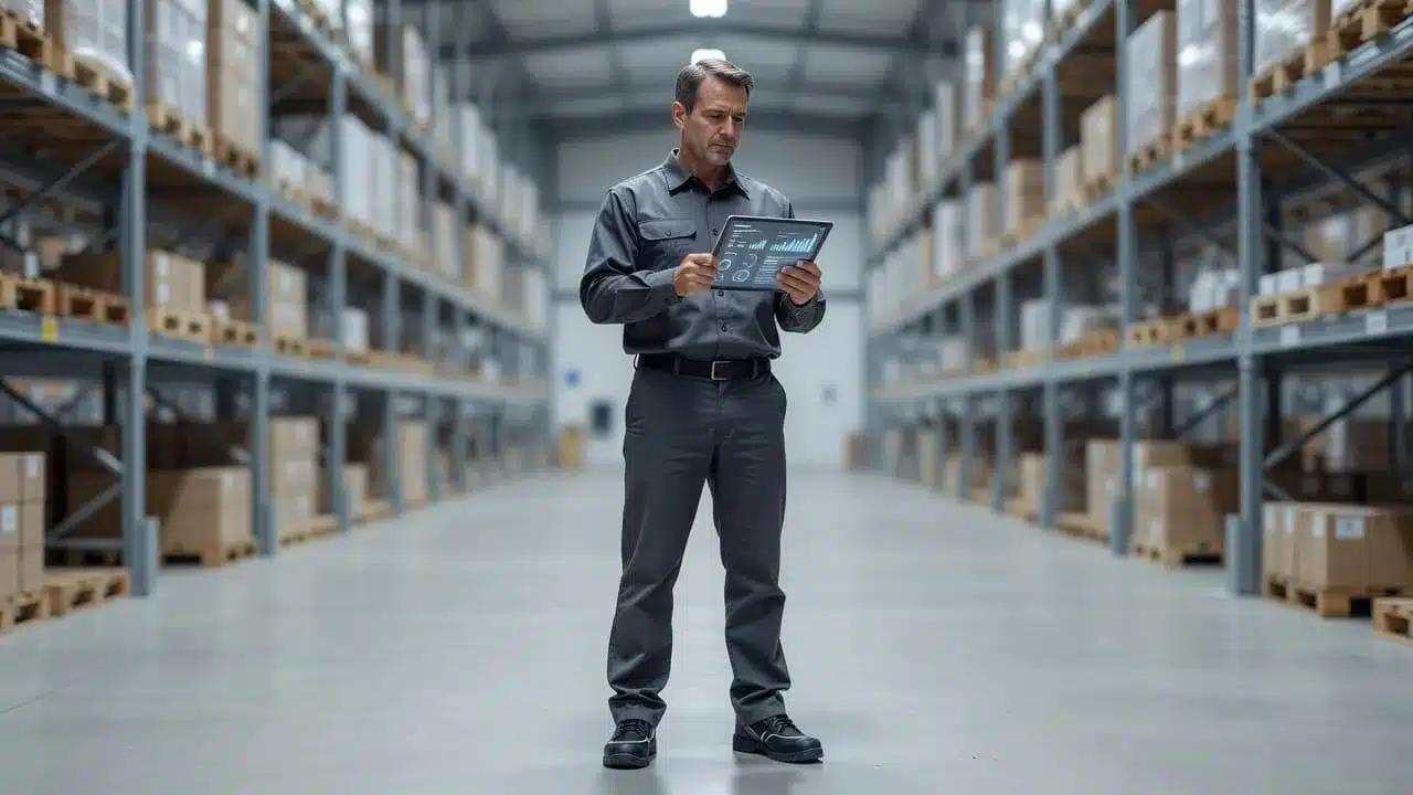 A manager reviews warehouse data on a tablet in a modern distribution center.