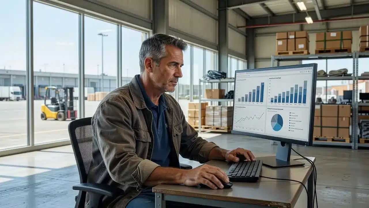 A warehouse manager reviews financial data on a computer monitor in a bright office.