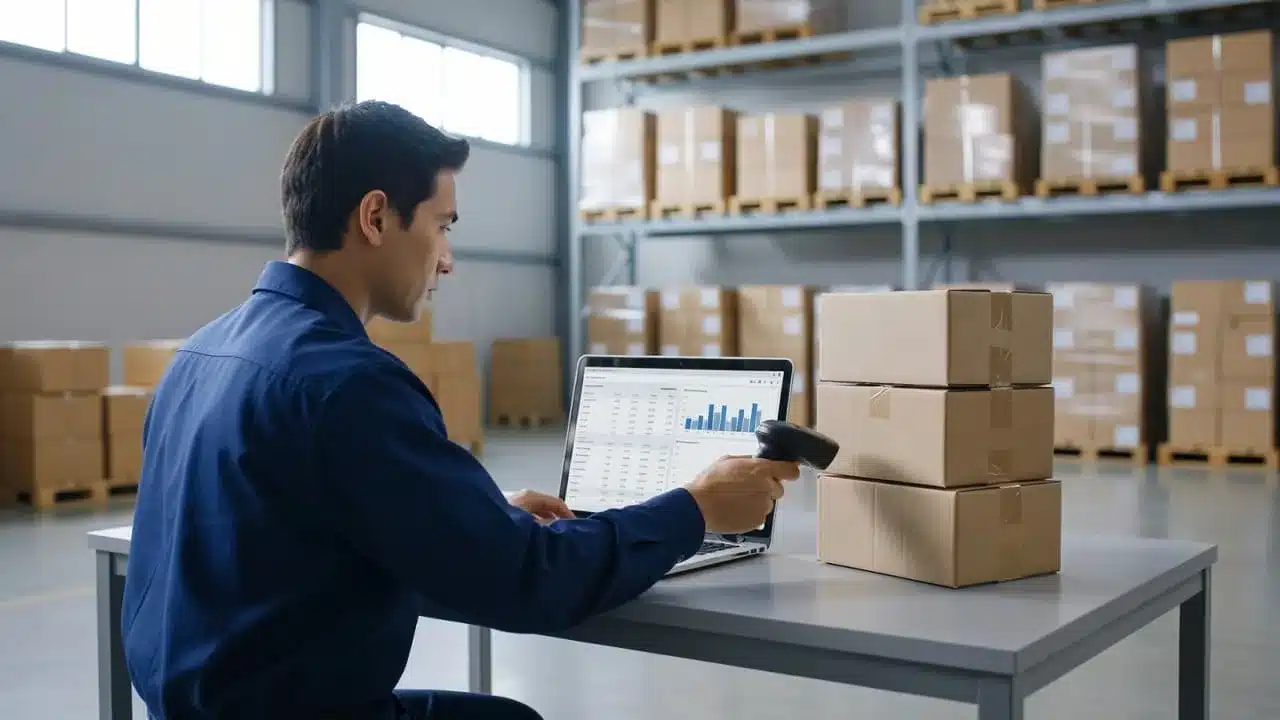 An open laptop showing spreadsheets, product boxes, and a barcode scanner on a warehouse desk.
