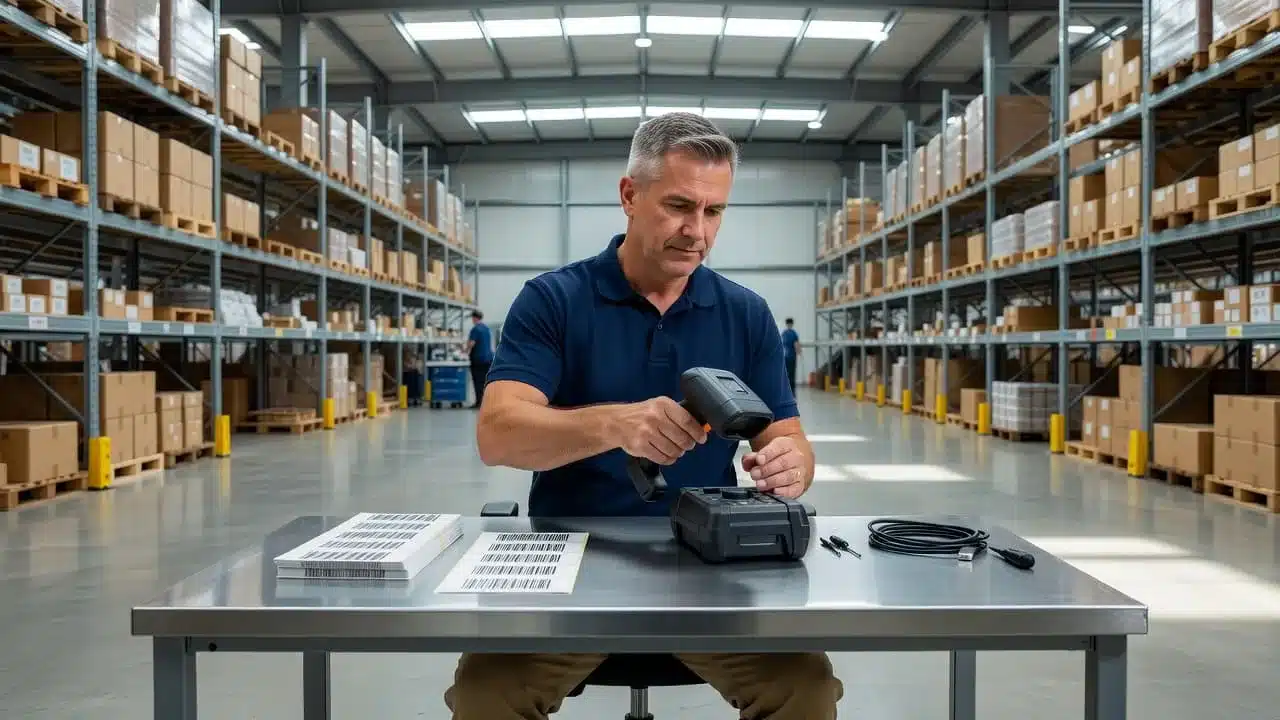 A supervisor configures a mobile barcode scanner on a desk in a bright fulfillment center.