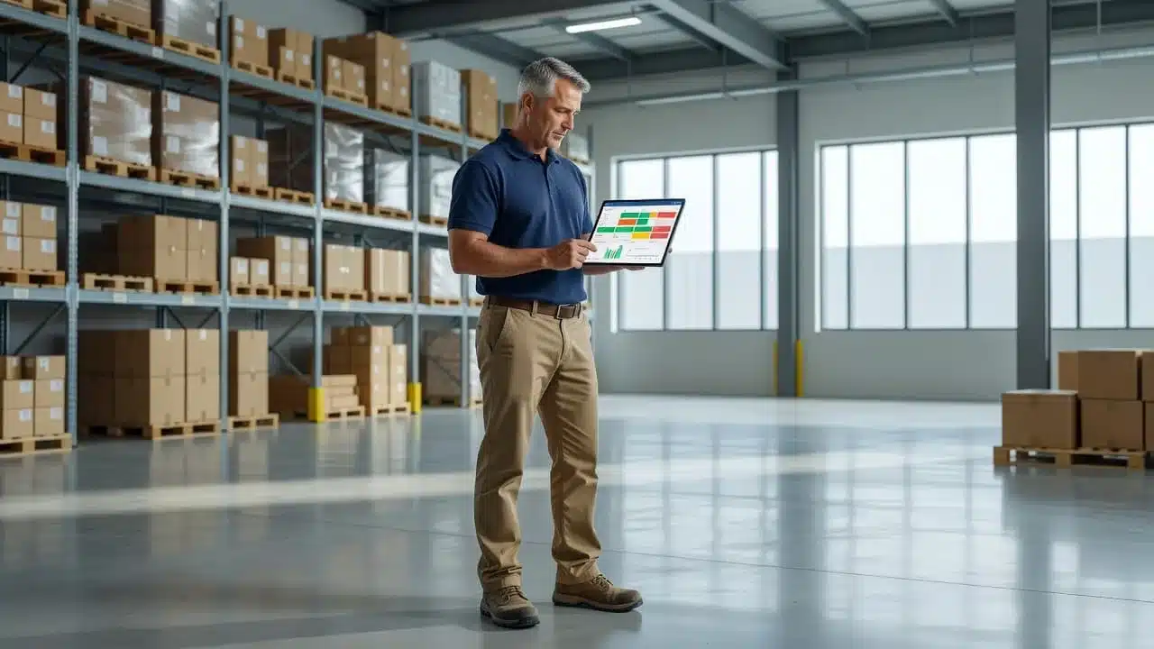 A warehouse manager checking dock schedules on a tablet inside a modern distribution facility.