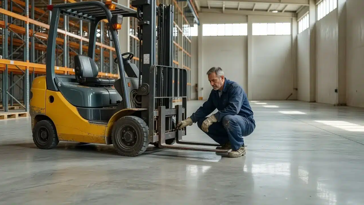 A worker inspecting a forklift on a clean concrete warehouse floor.