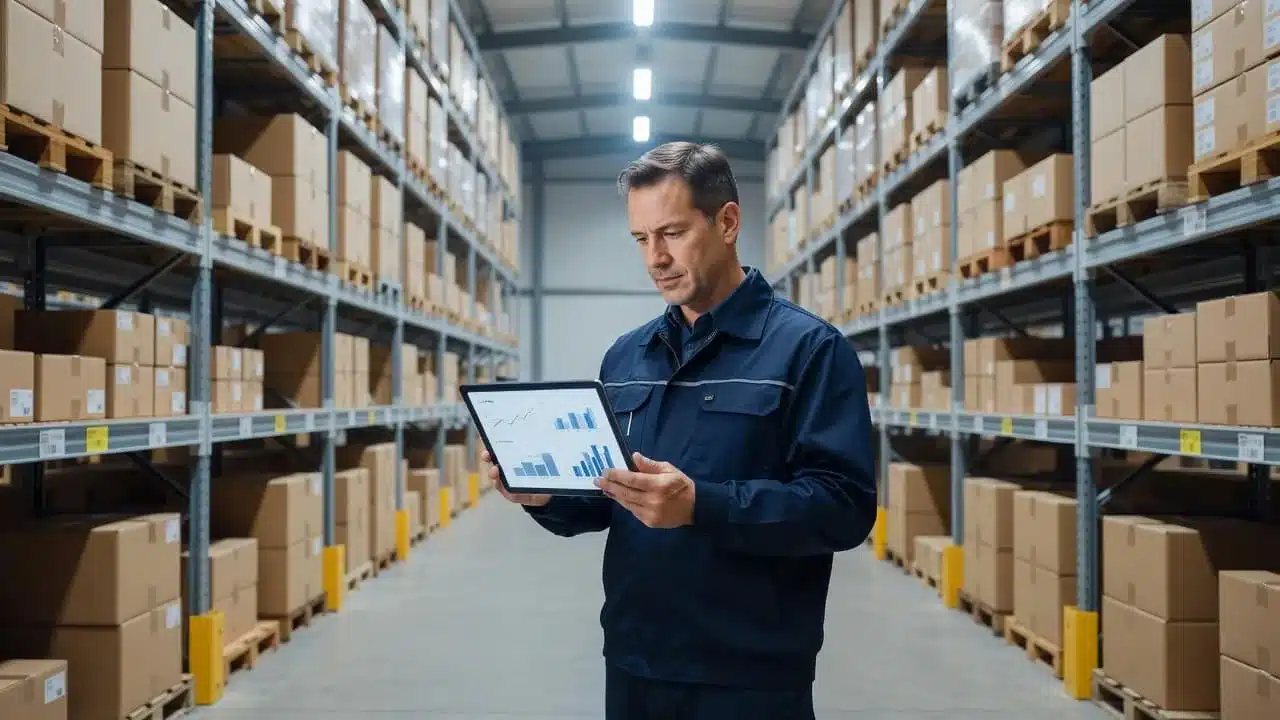 A manager checks inventory data on a tablet inside a large, organized warehouse.
