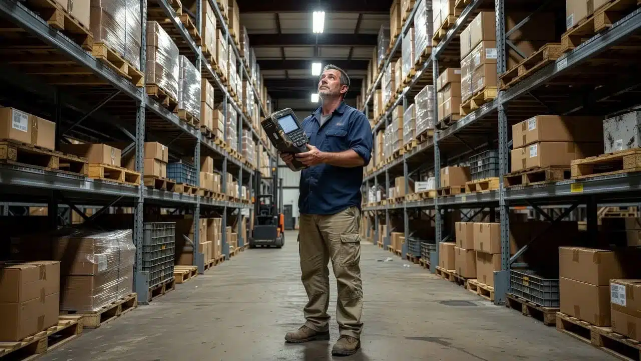 A warehouse worker holding a rugged scanner in an aisle of storage racks.