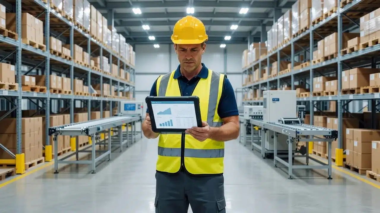 A manager reviewing inventory on a tablet inside a modern warehouse.