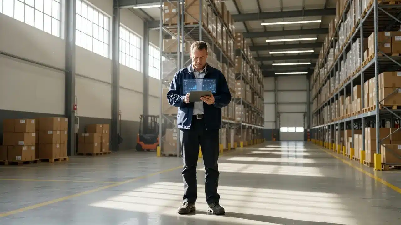A manager checks metrics on a digital tablet inside a bright warehouse.